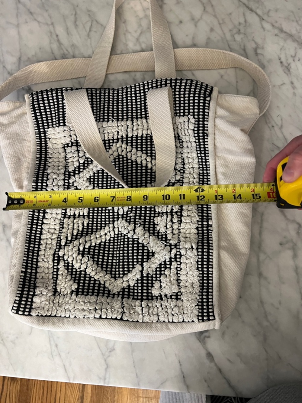 Aerie Cream and Black Woven and Canvas Tote Bag with Geometric Front Panel - Picture 3 of 9